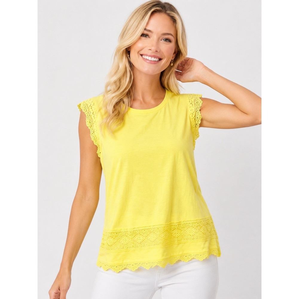 Talbots SP Yellow Cap Sleeve Crochet Front Pullover Blouse CottageCore New Nwt